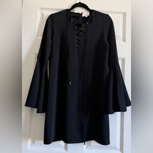 Devlin Chic Black Lace-Up Front Long Sleeve Shift Dress